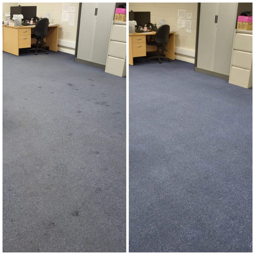 An office carpet before and after a professional clean.