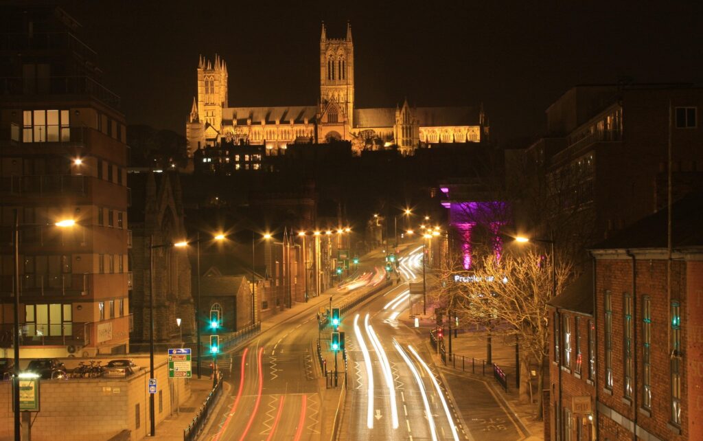 An image of Lincoln Cathedral at night.